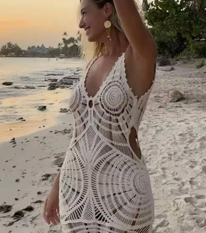 Vestido de Playa de Punto con Escote en V Calado