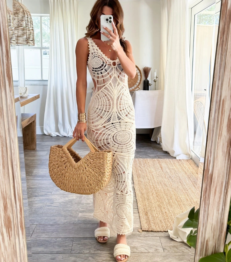Vestido de Playa de Punto con Escote en V Calado