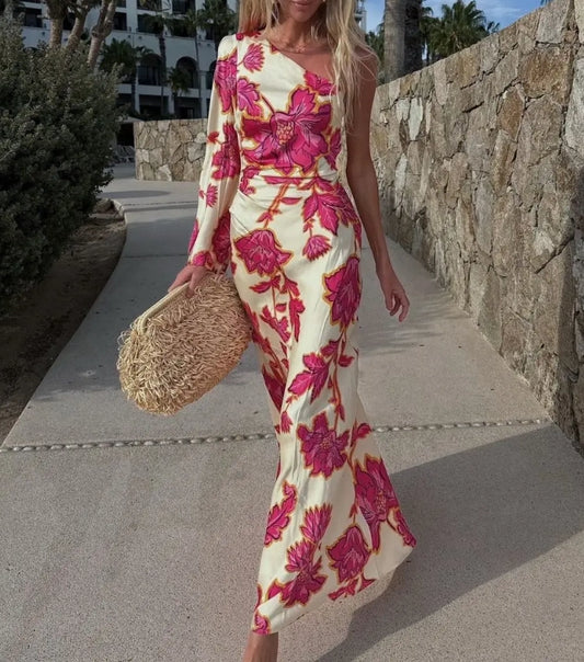 Vestido Estampado con Hombro Asimétrico
