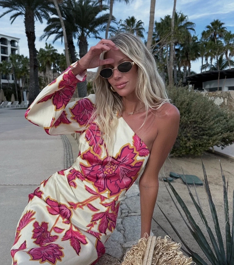 Vestido Estampado con Hombro Asimétrico