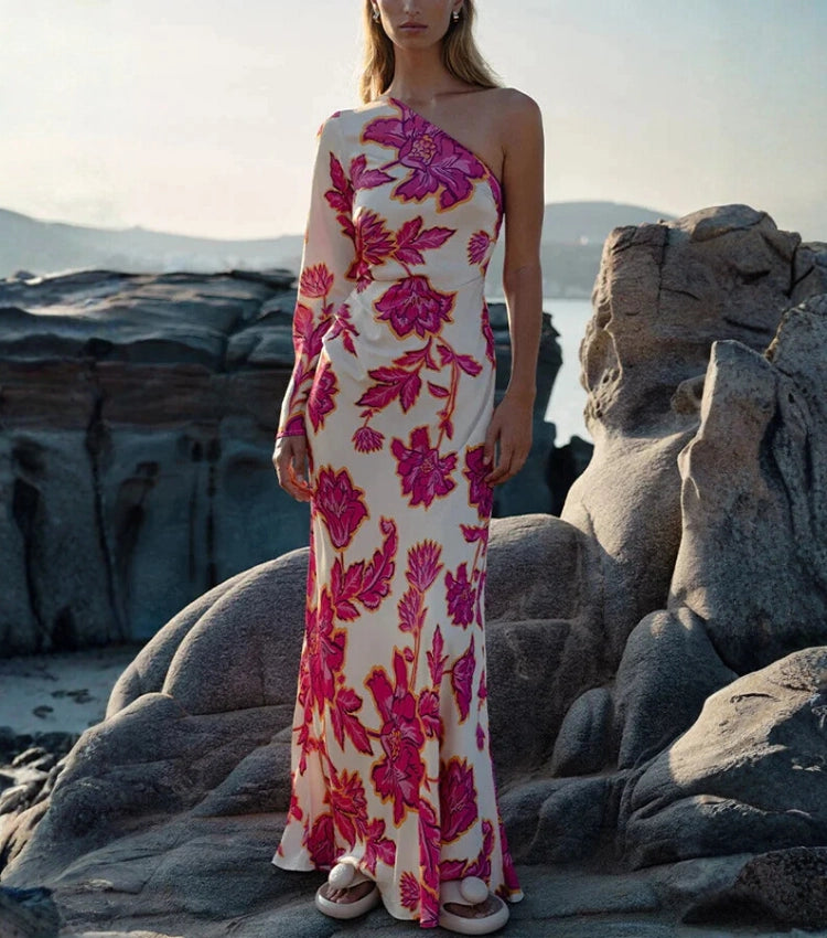 Vestido Estampado con Hombro Asimétrico