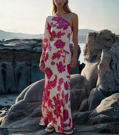 Vestido Estampado con Hombro Asimétrico