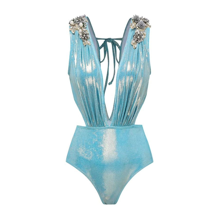Bañador con Flores de Cuentas y Escote en V