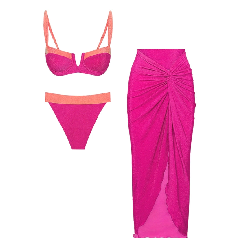 Bikini con Bloques de Color, Tiras y Pareo