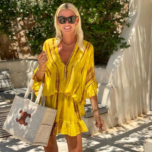 Vestido Corto con Mangas Abullonadas y Estampado Degradado