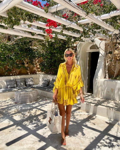 Vestido Corto con Mangas Abullonadas y Estampado Degradado