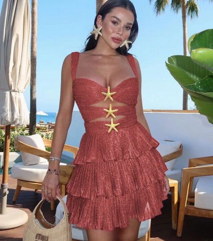 Vestido Corto Bandeau con Volantes y Aberturas