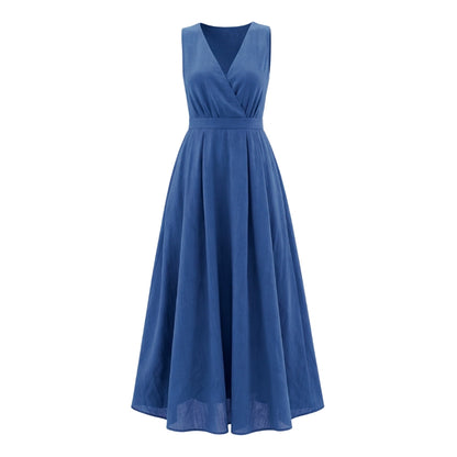 Vestido Largo Azul con Escote en V y Corte Evasé