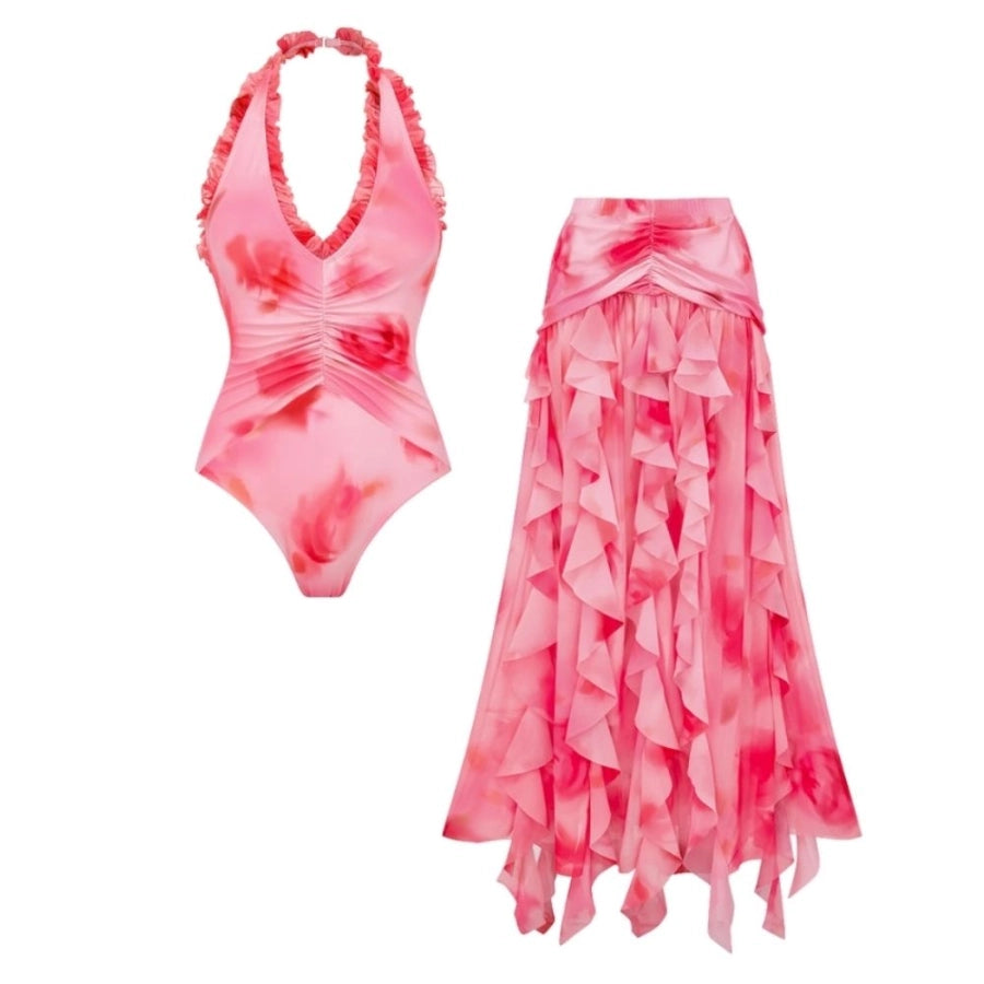Bañador Halter con Estampado Floral Rojo y Falda