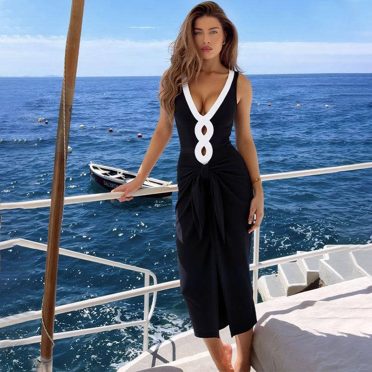 Maillot à Décolleté en V Échancré et Color Block