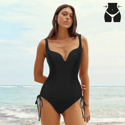 Bañador con Escote en V, Costura Lateral y Cordón Ajustable