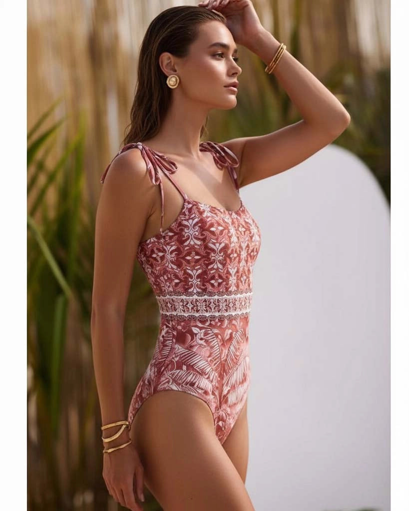 Bañador con Estampado de Bosque Retro y Falda