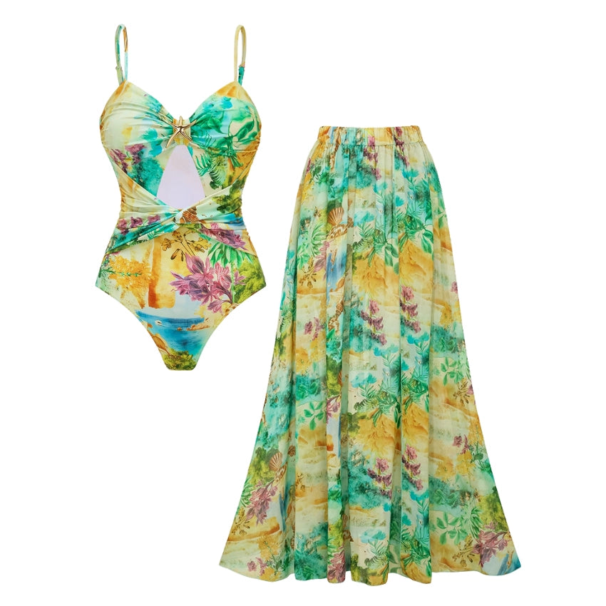 Bañador con Estampado de Paisaje y Falda