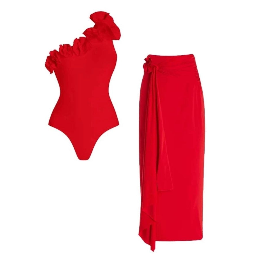 Bañador con Estampado Floral 3D Rojo y Falda