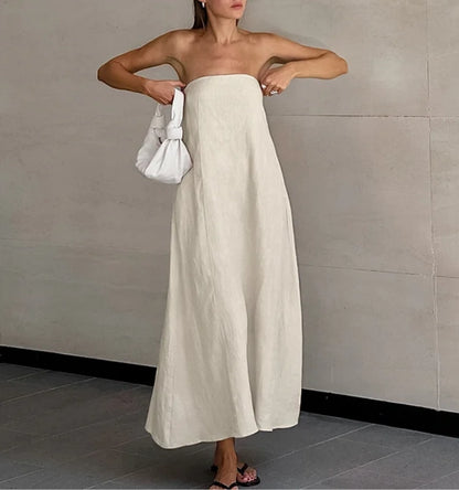 Vestido Bandeau con Hombros Descubiertos en Color Liso