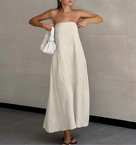 Vestido Bandeau con Hombros Descubiertos en Color Liso