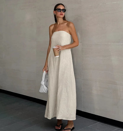 Vestido Bandeau con Hombros Descubiertos en Color Liso