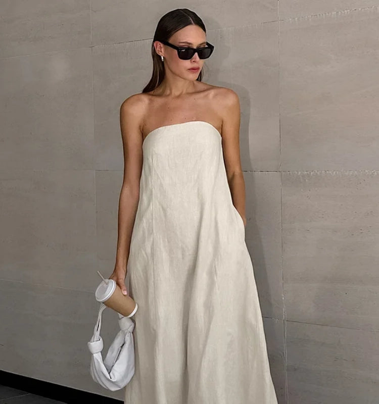 Vestido Bandeau con Hombros Descubiertos en Color Liso