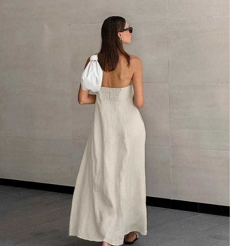 Vestido Bandeau con Hombros Descubiertos en Color Liso