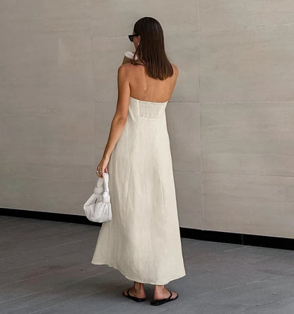 Vestido Bandeau con Hombros Descubiertos en Color Liso