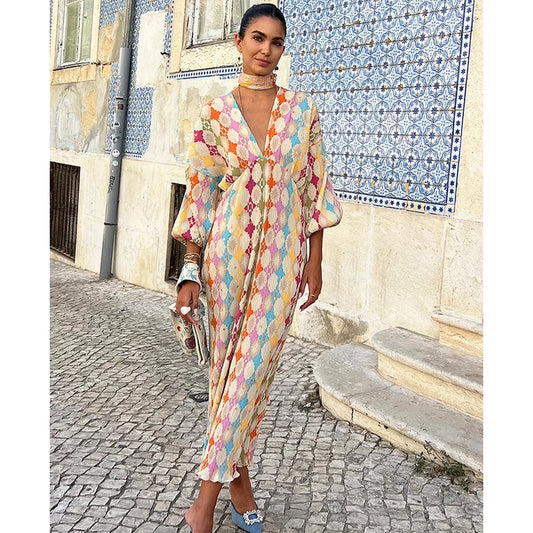 Vestido Bohemio con Estampado y Mangas Abullonadas