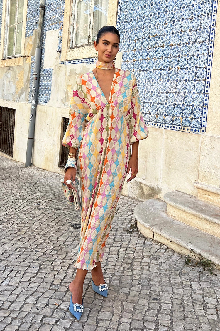 Vestido Bohemio con Estampado y Mangas Abullonadas