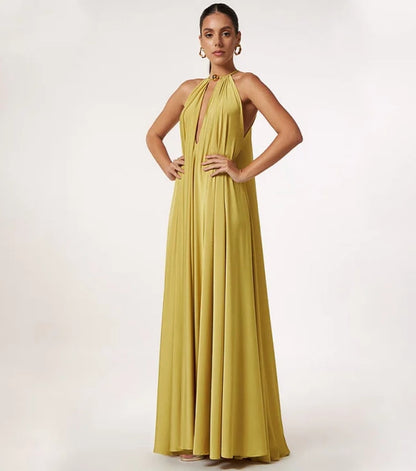 Vestido Largo en Color Liso con Cordones