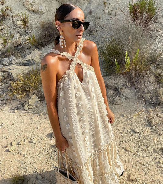 Vestido Largo Talla Grande con Halter y Estampado Floral 3D