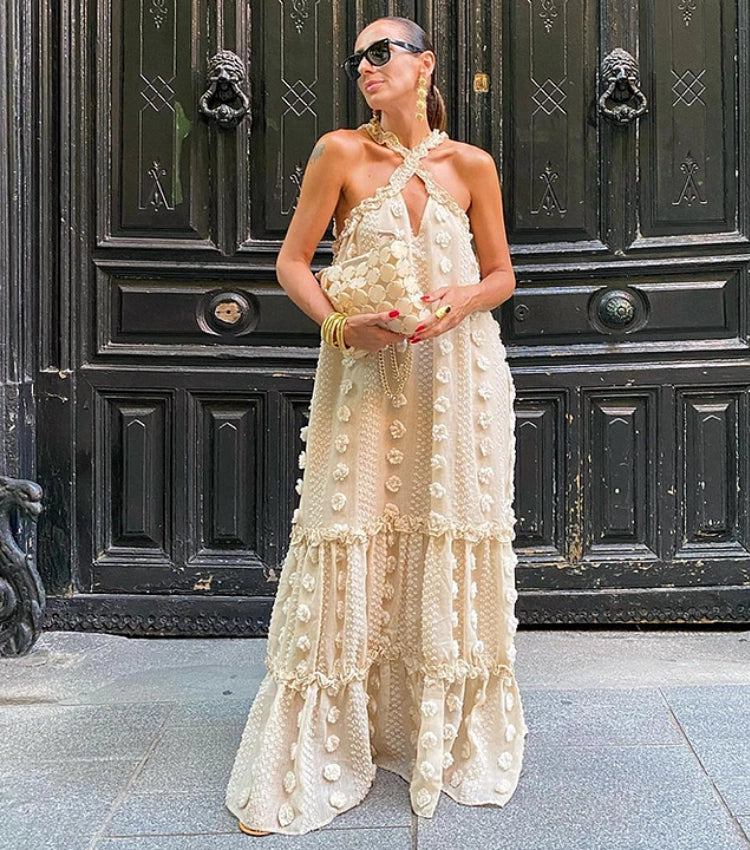 Vestido Largo Talla Grande con Halter y Estampado Floral 3D