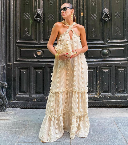 Vestido Largo Talla Grande con Halter y Estampado Floral 3D
