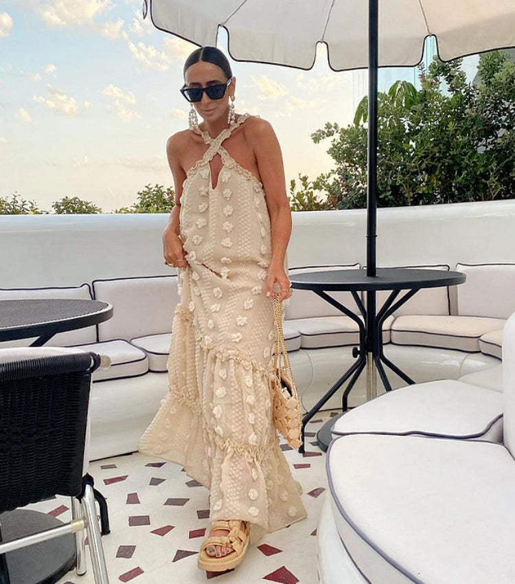 Vestido Largo Talla Grande con Halter y Estampado Floral 3D