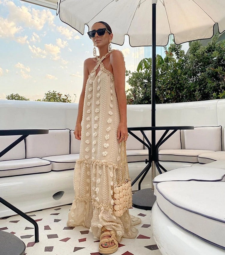 Vestido Largo Talla Grande con Halter y Estampado Floral 3D