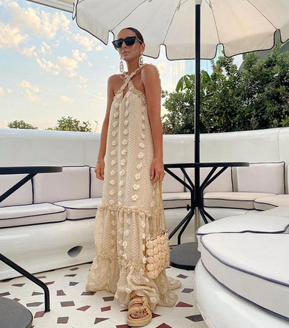 Vestido Largo Talla Grande con Halter y Estampado Floral 3D