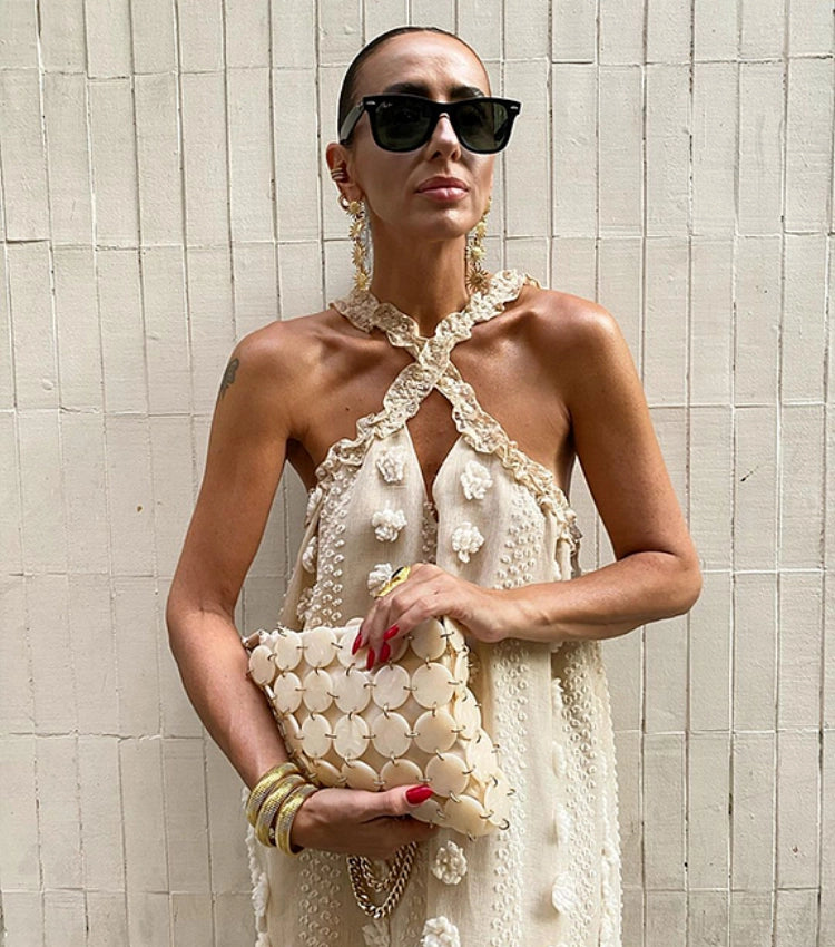Vestido Largo Talla Grande con Halter y Estampado Floral 3D