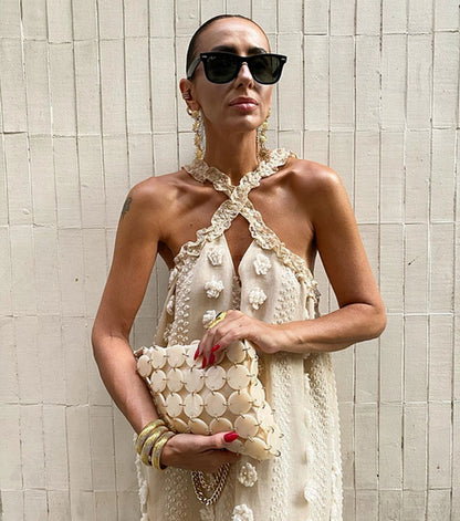 Vestido Largo Talla Grande con Halter y Estampado Floral 3D