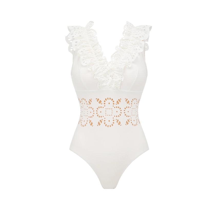 Conjunto de Bañador Blanco con Volantes y Corte Láser Floral